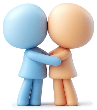 Two cartoon figures embrace, holding hands. png
