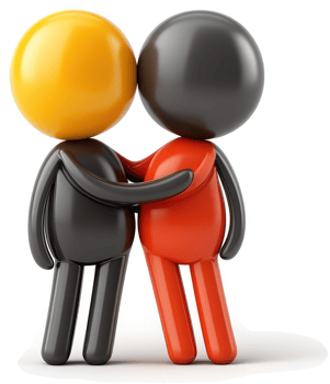 Two cartoon figures embrace, demonstrating friendship. png