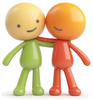 Two cartoon figures embrace, showcasing friendship. png