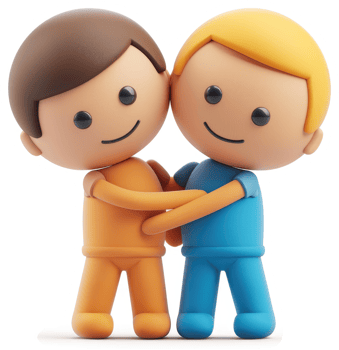 Two cartoon boys embrace warmly. png