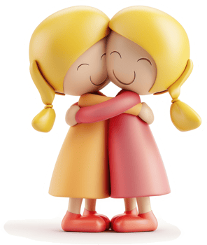 Two cheerful cartoon girls embrace tightly. png
