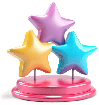 Three colorful stars perched atop a vibrant pink pedestal. png