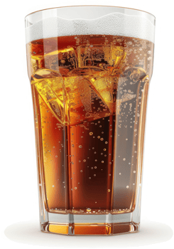 Refreshing amber beverage with ice in a tall glass. png
