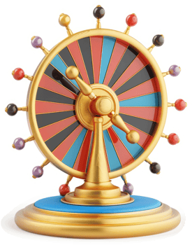 A golden, colorful fortune wheel with spinning mechanism. png