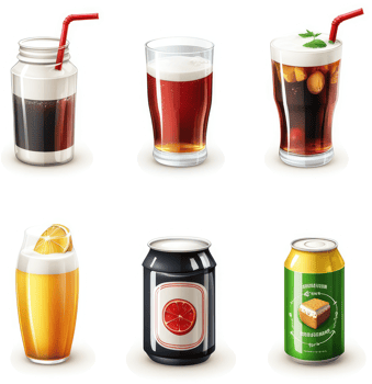Assorted beverages in various containers. png