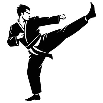 Karate Asian Man Kicking, Black Belt, Punching Stance, Black Silhouette vector