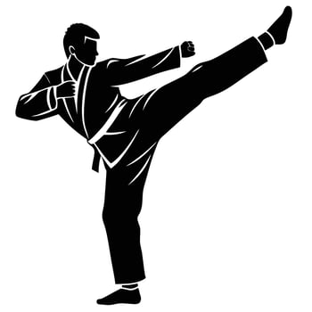 Karate Man Silhouette Kicking with Leg Raised on a White Background Isolated vector