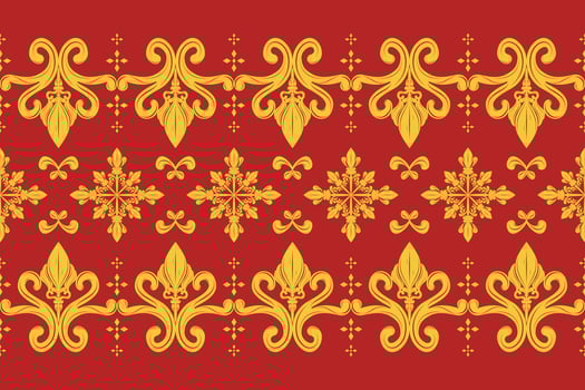 Classy Fine Damask Royal Gold Ornament Scroll Stripe Pattern on Red Background. Elaborate Wealth Honored Opulence Exquisite Element for Expensive Grand Decoration Wallpaper Border Interior Batik Lace vector