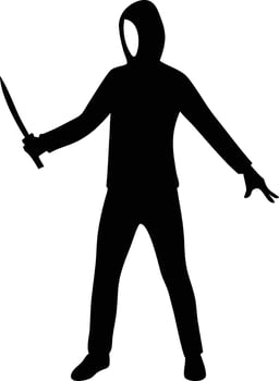 Silhouette of hooded figure holding knife standing with outstretched arms vector