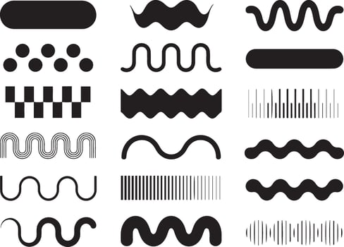 Collection of abstract black wave, line, dot, and shape patterns, ideal for modern design, backgrounds, digital art, and decoration. vector