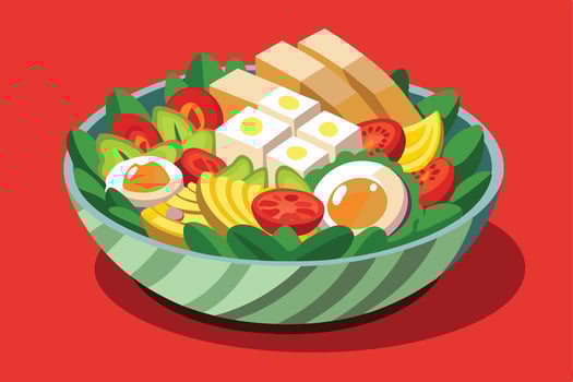 Healthy salad with tofu and eggs on a red background illustration vector