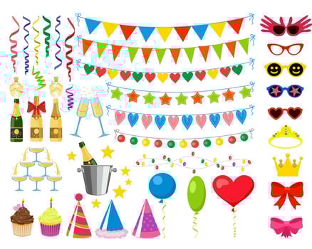 Birthday party design elements. Photo Booth party. Funny face masks and clown nose and glasses, vintage party hats, champagne glasses and birthday costume bunny ears. Celebrating vector