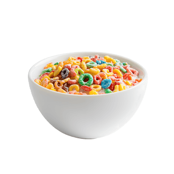 Fruity Cereal Rings in White Bowl, Sweet Breakfast, Delicious, Transparent Background png