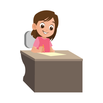 A cartoon girl sitting at a desk with a piece of paper png