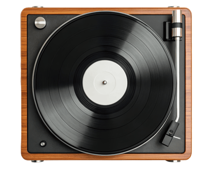Classic turntable showcasing a vinyl record in motion on a transparent background png