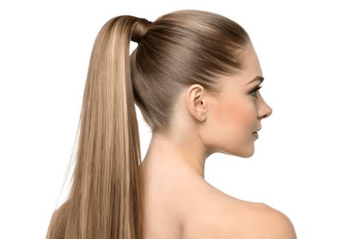 A young Caucasian woman with sleek, long blonde hair styled in a high ponytail, showcasing a graceful profile and elegant demeanor. png