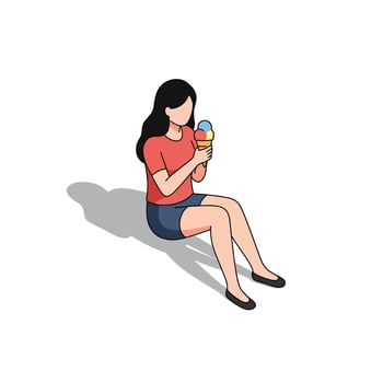 Young woman with long dark hair sitting on ground eating colorful ice cream cone flat minimal art vector