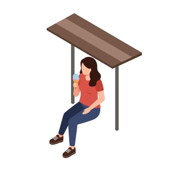Young woman sitting under wooden shelter eating ice cream in casual clothes flat isometric illustration vector