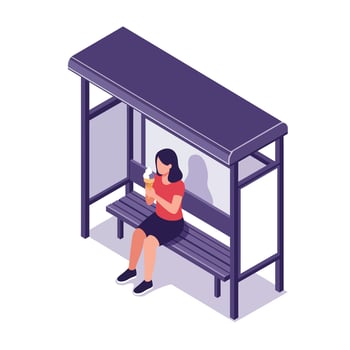 Young woman sitting on a modern purple bus stop bench eating ice cream flat design illustration vector