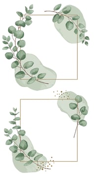 Green eucalyptus branches with delicate leaves and gold accents in minimal flat design with abstract shapes illustration vector