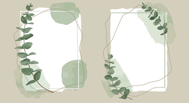 Minimalist green eucalyptus branches framing two blank white paper sheets with soft green watercolor shapes flat illustration vector