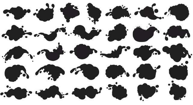 Collection of various black ink splatters and stains in flat design style isolated on white background illustration vector