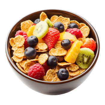 Bowl of Cornflakes with Strawberries, Raspberries, Kiwi, and Blackberries on Transparent Background png