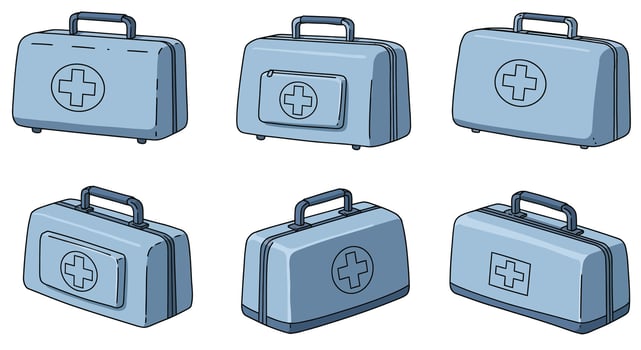 Blue medical first aid kits with cross symbols in minimalist flat design set illustration vector