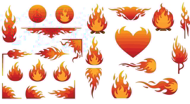 Various stylized orange and red flames and fire shapes in flat design set with dynamic motion elements art vector