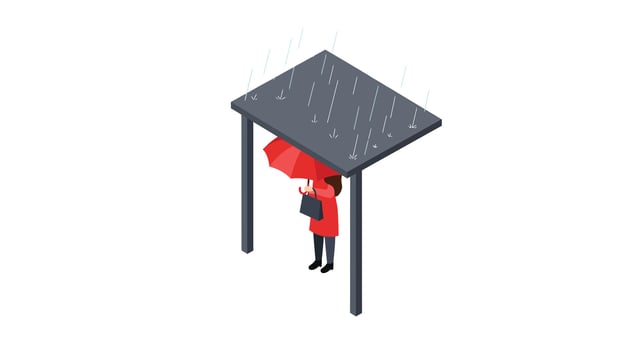 Woman in red coat holding umbrella standing under flat minimal bus stop shelter during rain art vector