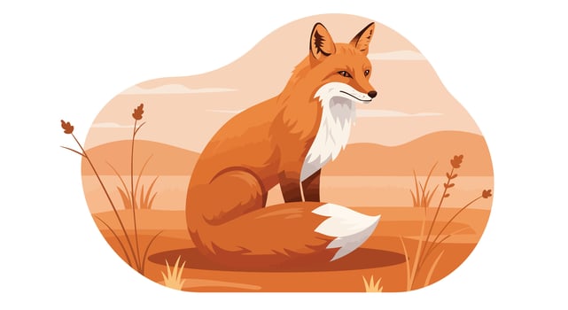 Red fox sitting calmly in a dry grass field with minimal flat design and warm earthy tones illustration vector