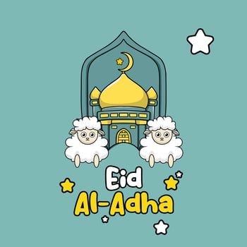 Eid al Adha Celebration Card with Flat Design Sheep and Mosque vector