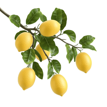 Lemon branch with leaves featuring fresh yellow citrus on transparent background png