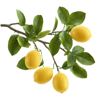 Branch with Lemons and Green Leaves on Transparent Background, Citrus Fruit png