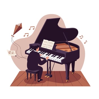 Man dressed in black playing grand piano with open sheet music on wooden floor, surrounded by flying musical notes and a kite symbolizing creativity vector
