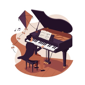 Man in formal attire playing grand piano with sheet music on wooden floor while a kite flies nearby producing musical notes in whimsical setting vector