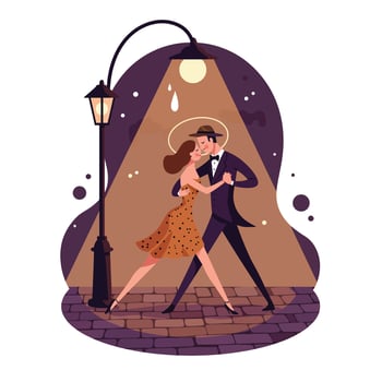 Romantic couple dancing closely under streetlamp light on cobblestone street in evening with vintage attire and graceful movements vector