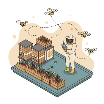 Beekeeper in protective suit monitoring hive health with smartphone near wooden beehives surrounded by flying bees and blooming plants in apiary vector