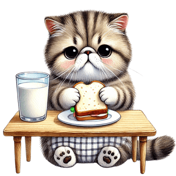 A cute cat enjoying a sandwich and milk at a small table. png