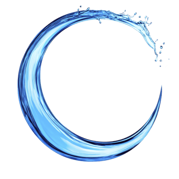 A dynamic swirl of blue water forms crescent shape against transparency background, with droplets splashing outward, conveying sense of fluidity and motion png