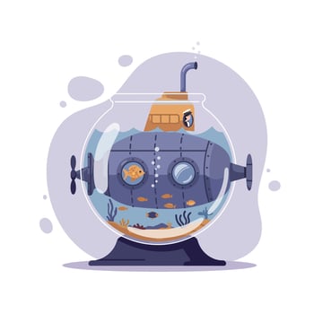 Small dark blue submarine inside a round glass fishbowl filled with water and orange fish swimming around underwater plants vector