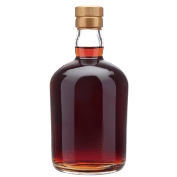 A clear glass bottle filled with amber liquid, featuring gold cap, stands against transparency background. elegant design suggests premium beverage, possibly whiskey or rum png