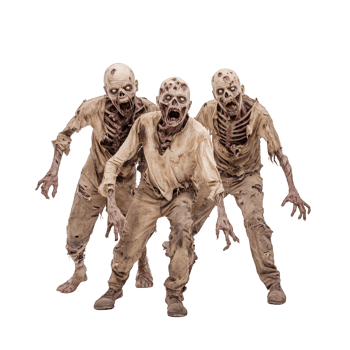 A Creepy zombies with decayed skin and tattered clothes stagger forward, evoking sense of horror and dread. Their skeletal features and menacing expressions create chilling atmosphere png