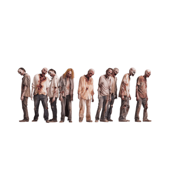 A group of eerie zombies stands in line, each with tattered clothing and haunting expressions, evoking sense of horror and suspense png