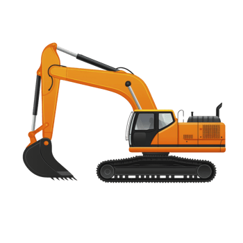 An orange excavator with large digging arm and bucket is depicted, showcasing its robust design and functionality for construction work. machine is set against plain background, highlighting its png