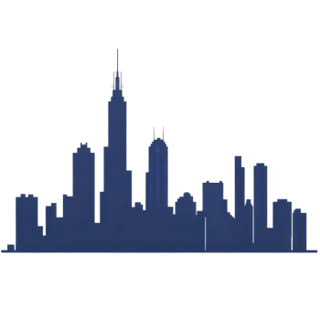 A silhouette of city skyline featuring various skyscrapers and buildings, with prominent tower center, set against clear background. image conveys sense of urban sophistication and modern png
