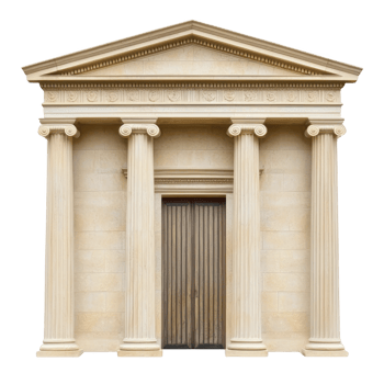 A classical Greek style building facade with four Ionic columns and triangular pediment, featuring intricate stone carvings and wooden door, evokes sense of historical grandeur png