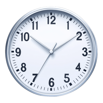 A round wall clock with white face and black numerals shows time as 1010. clock has silver frame and simple black hour and minute hands png