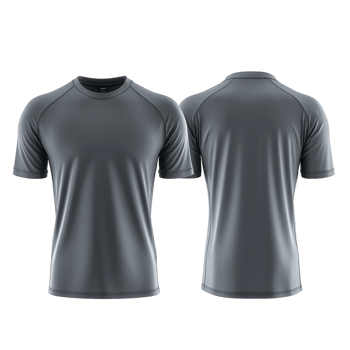 A Gray athletic t shirt with short sleeves and crew neck, shown from front and back, ideal for sports and casual wear. fabric appears smooth and lightweight, suitable for active use png