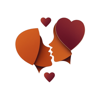 A Two abstract faces in profile, crafted from orange and red shapes, form heart as they lean in for kiss. design is surrounded by smaller heart shapes, conveying love and connection png